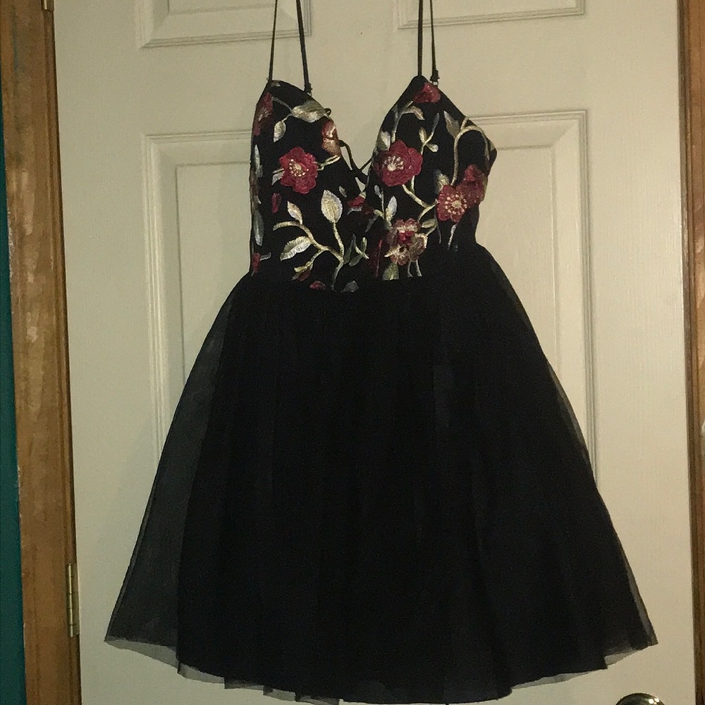 Embroidered Flowered Black Prom Dress